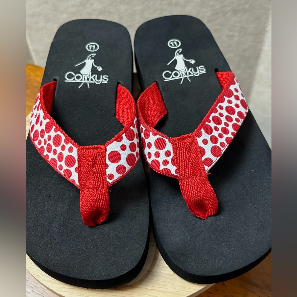 Corky’s Kids Summer Break Flip Flop Red/White Polka Dot Girls size 11